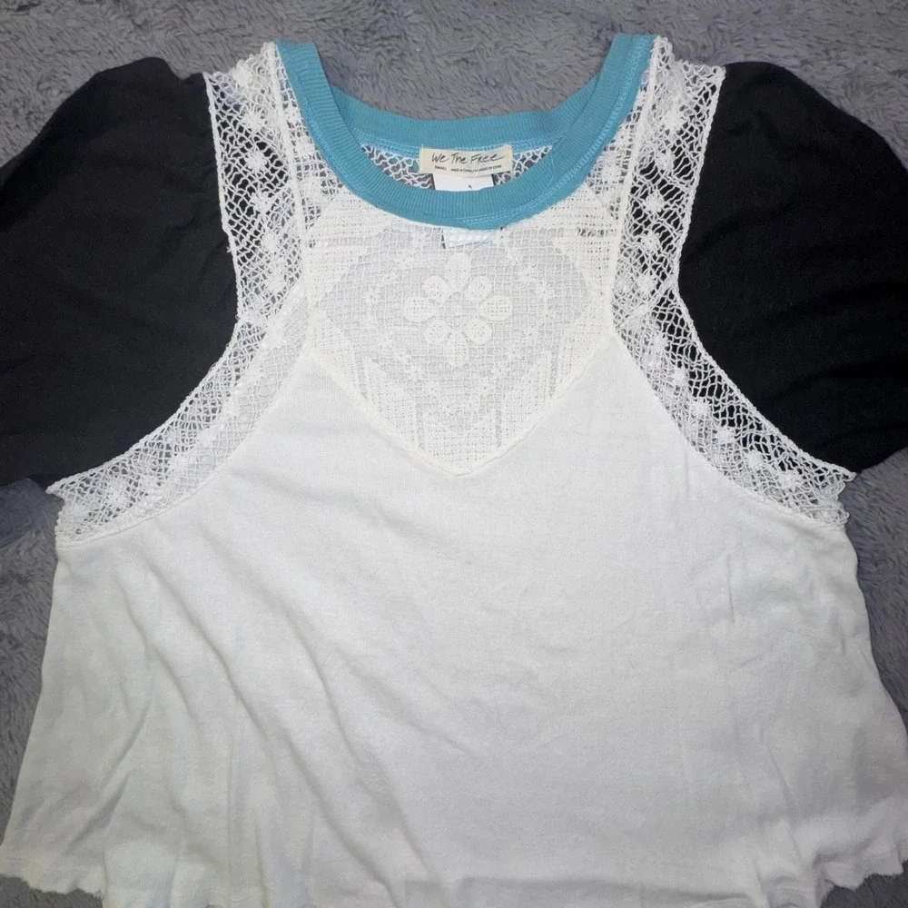 We The Free People Boho Lace Yoke Linen Swing Top Puff Sleeve Shirt Womens Small